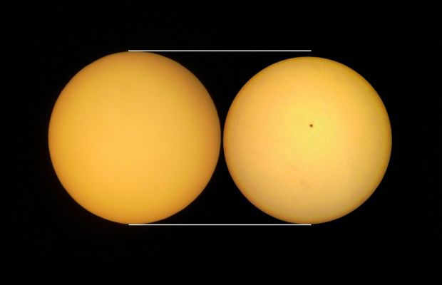 Never too close, never too far...
Caption NASA:"When is the Sun most distant from Earth? It happened again just this past weekend. 
A common misconception is that the Sun is most distant during the Winter, when it's the coldest. In truth, however, the seasonal temperatures are more greatly influenced by the number of daylight hours and how high the Sun rises. 
For example, during Northern Winter, the tilt of the Earth causes the Sun to be above the horizon for a shorter time and remain lower in the sky than in Northern Summer. The picture compares the relative size of the Sun during Earth's closest approach in January (Northern Winter) on the left, and in July (Northern Summer) on the right. The angular size of the Sun is noticeably smaller during July, when it is farther away. If the Earth's orbit was perfectly circular, the Sun would always appear to be the same size. 
These two solar images were taken from Spain during 2006, but the same effect can be seen in any year from any Earth-bound location".
Parole chiave: The Sun from Earth