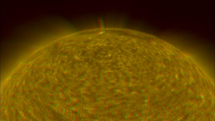 3-D Sun
Caption NASA:"What does the Sun look like in all three spatial dimensions? To find out, NASA launched two STEREO satellites to perceive three dimensions on the Sun much like two eyes allow humans to perceive three dimensions on the Earth. 
Such a perspective is designed to allow new insight into the surface of the rapidly changing Sun, allowing humans to better understand and predict things like Coronal Mass Ejections and solar flares that affect the Earth as well as satellites and astronauts orbiting the Earth. Pictured above are two simultaneous images of the Sun taken by STEREO A and STEREO B, now digitally combined to give one of the first 3-D pictures of the Sun ever taken. To fully appreciate the image, one should view it with 3-D red-blue glasses. The teeming and bubbling solar surface can be seen sporting a prominent solar prominence near the top of the image".
Parole chiave: The Sun from Space