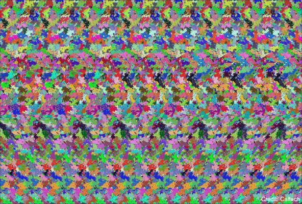 Do you see?!?
Sure, you can see the 2D rectangle of colours, but can you see deeper? Counting colour patches in the featured image, you might estimate that the most information that this 2D digital image can hold is about 60 (horizontal) x 50(vertical) x 256 (possible colours) = 768,000 bits. However, the yet-unproven Holographic Principle states that, counter-intuitively, the information in a 2D panel can include all of the information in a 3D room that can be enclosed by the panel. The principle derives from the idea that the Planck length, the length scale where quantum mechanics begins to dominate classical gravity, is one side of an area that can hold only about one bit of information. The limit was first postulated by physicist Gerard 't Hooft in 1993. It can arise from generalizations from seemingly distant speculation that the information held by a black hole is determined not by its enclosed volume but by the surface area of its event horizon. The term "holographic" arises from a hologram analogy where three-dimension images are created by projecting light through a flat screen. Beware, some people staring at the featured image may not think it encodes just 768,000 bits - nor even 2563,000 bit permutations - rather they might claim it encodes a three-dimensional teapot. 
Parole chiave: Optical Illusions