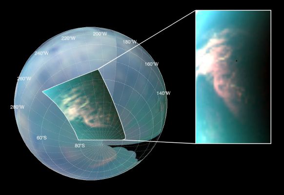 Titan's South Polar Cloud Burst
This InfraRed image of Saturn's moon Titan shows a large burst of clouds in the moon's South Polar Region. These clouds form and move much like those on Earth, but in a much slower, more lingering fashion, new results from NASA's Cassini Spacecraft show. 
This image is a color composite, with red shown at a 5-micron wavelength, green at 2.7 microns and blue at 2 microns. An InfraRed color mosaic is also used as a background image (red at 5 microns, green at 2 microns, blue at 1.3 microns). 
The images were taken by Cassini's visual and InfraRed Mapping Spectrometer during a flyby of Titan on March 26, 2007, known as T27.
Titan's Southern Hemisphere still shows a very active meteorology (the cloud appears in white-reddish tones) even in 2007. According to climate models, these clouds should have faded out since 2005. 
Scientists have monitored Titan's Atmosphere for 3-and-a-half years, between July 2004 and December 2007, and observed more than 200 clouds. 
The way these clouds are distributed around Titan matches scientists' global circulation models. The only exception is timing — clouds are still noticeable in the Southern Hemisphere while Fall is approaching. 

Scientists will continue to observe the long-term changes during Cassini's extended mission, which runs until the fall of 2010.
Parole chiave: Titan