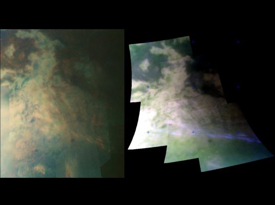 Clouds and Surface
Caption NASA originale:"This image set was taken at a distance of 15.000 Km (9.300 miles) from Titan and shows two views of an area riddled by mountain ranges that were probably produced by tectonic forces. 
Near the bottom of the right image, a band of bright clouds is seen. 
These clouds are probably produced when gaseous methane in Titan's atmosphere cools and condenses into methane fog as Titan's winds drive air over the mountains. It was once thought that these recurring clouds were produced by volcanic activity on Titan, but this image calls that idea into question. 

These views were obtained during an Oct. 25 flyby designed to obtain the highest-resolution infrared views of Titan yet. Cassini's VIMS resolved surface features as small as 400 mt (1300 feet). The images were taken at wavelengths of 1,3 microns shown in blue, 2 microns shown in green and 5 microns shown in red".
Parole chiave: Saturn's Moons - Titan