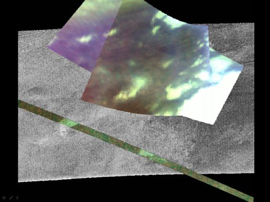 Titanian Clouds and Surface
Caption NASA originale:"This image composite contains a radar image taken during a February 2005 (T3) flyby, and overlaid are images from the Visual and Infrared Mapping Spectrometer (VIMS) taken on Sept. 7, 2006, (T17) and Oct. 25, 2006 (T20). 
The thin strip is the infrared image taken on the inbound leg of the T20 flyby and crosses the radar image near an area with a small, crater-like feature. In the radar image a faint fan of material seems to originate at the crater and the portion of the infrared image that crosses the faint fan shows both a large brightness contrast and very sharp boundaries. The fan-like deposit has such sharp boundaries and strong contrast with its surroundings that it supports the idea that the deposit seen in the radar images is a flow of material erupted from the small crater. This may be the strongest evidence yet of cryovolcanism on Titan. 
The infrared image was taken at a distance of about 1100 Km (680 miles) from the surface of Titan and resolves features as small as 400 mt (1300 feet)".
Parole chiave: Saturn's Moons - Titan