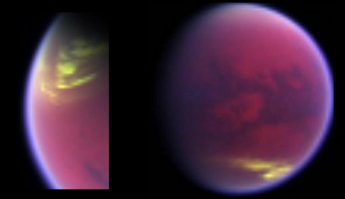 Titanian Clouds (False Colors; credits: NASA/JPL/University of Arizona/University of Nantes/University of Paris Diderot)
Caption NASA:"This pair of false-color images, made from data obtained by NASA's Cassini Spacecraft, shows clouds covering parts of Saturn's moon Titan in yellow. Based on the way Near-InfraRed channels of light were color-coded, cloud cover appears yellow, while Titan's hazy Atmosphere appears magenta. The images show cloud cover dissolving from Titan's North Polar Region between May 12, 2008 (left), and Dec. 12, 2009 (right). The clouds in the second image appear around 40° South Latitude, still active late after Titan's Equinox. 
Cassini's first observations of clouds near this Latitude occurred during Summer in the Southern Hemisphere. Equinox, when the Sun shone directly over the Equator, occurred in August 2009. It brought a changing of the seasons, as Titan moved out of Southern Summer into Northern Spring. 

For the past 6 years, Cassini has observed clouds clustered in three distinct Latitude Regions of Titan: large clouds at the North Pole, patchy cloud at the South Pole and a narrow belt around 40° South. Now scientists are seeing evidence of seasonal circulation turnover at Titan. Clouds at the South Pole disappeared just before Equinox and the clouds in the North are thinning out. This activity agrees with models that predict cloud activity reversing from one Hemisphere to another.

During Winter in the Northern Hemisphere, Northern Polar Clouds of Ethane formed in Titan's Troposphere, the lowest part of the Atmosphere, from a constant influx of Ethane and Aerosols from a higher part of the Atmosphere known as the Stratosphere. 
In the Southern Hemisphere, atmospheric gases enriched with Methane welled up from the Surface to produce Mid and High-Latitude Clouds.

The data for the images was detected by Cassini's Visual and InfraRed Mapping Spectrometer in Near-IR wavelengths. Scientists focused on three wavelengths of IR radiation that were particularly good for observing cloud signatures and assigned them red, green and blue channels. 

Emissions in the 2 micron wavelength of light, colored red, detect the Titan Surface. 
Emissions in the 2,11 micron wavelength, colored green, detect the lowest part of the Titan Atmosphere, or Troposphere. 
Emissions at the 2,21 micron wavelength, colored blue, detect the hazy Stratosphere, a higher part of the Atmosphere. 

The clouds appear yellowish because they lit up the channels designated red and green, but not the blue channel".
Parole chiave: Titan