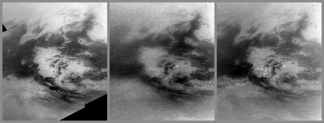 The "Rain Season" on Titan
Caption NASA:"Images from NASA's Cassini Spacecraft show changes caused by Methane Rain in the bright Adiri Region near the Equator of Saturn's largest moon, Titan.
Although no Clouds are present in these images, the changes wrought by recent Methane Rainstorms are visible. These images show areas of brightened Terrain within the already bright Region known as Adiri. Adiri's Terrain appears near the center of these frames. 
The dark, low-lying Dunefield known as Belet extends West from the left of these frames. Terrain South of Belet was soaked by Methane Rains in late 2010 (Adiri and Belet have different brightnesses because they - most likely - have different compositions).

The first image, panel A on the left, was taken on May 13, 2007, and shows what this area looked like earlier in the Cassini Mission. 
Panels B and C were both captured on Jan. 15, 2011, 15 hours apart. New bright areas (within the white outlines of panels B and C) are thought to be on or near the Surface of the Planet. 
These bright objects are not high altitude Clouds because they do not drift during the 15 hours between when panel B and panel C were taken.

Scientists are still analyzing the findings, but these brightened spots could be low-lying Fog or Clouds in areas with higher amounts of moisture on the Surface. 
They could also possibly be Terrain that has been washed clean by Methane Rains (the bright spots did not become brighter in the 15 hours between panels B and C. They appear brighter only because of a change in the so-called "Viewing Geometry").

Titan's weather has been changing with the Seasons, and Storms now are more common at low Latitudes such as those observed here.
These images were re-projected, and the view in each is centered on terrain at 7° South Latitude and 215° West Longitude. 

These images were taken with the Cassini Spacecraft narrow-angle camera using a spectral filter sensitive to wavelengths of Near-InfraRed Light centered at 938 nanometers. The views were obtained at a range of distances from approx. 150.000 Km (93.150 miles) to approx. 997.000 Km (619.137 miles) from Titan. 
Scale is about 7 Km (4,3469 miles) per pixel in these re-projected images".
Parole chiave: Titan