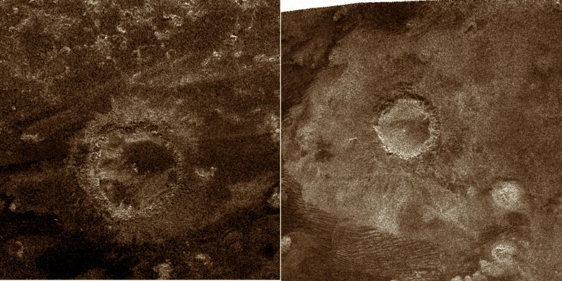 Titanian Craters (Impact Craters?) - radio-image; credits: NASA
Caption NASA:"This side-by-side view shows a newly discovered impact crater (at left) compared with a previously discovered crater (at right). The new crater was just discovered by the Cassini Spacecraft's Radar Instrument during its most recent Titan flyby on May 12, 2008. This makes the fourth feature definitely identified as an impact crater so far on Titan -- fewer than 100 features are regarded as possible impacts. Compared with Saturn's other moons, which have many thousands of craters, Titan's surface is very sparsely cratered. This is in part due to Titan's dense atmosphere, which burns up the smaller impacting bodies before they can hit the surface. Geological processes, such as wind-driven motion of sand and icy volcanism, may also wipe out craters. 
Both images are about 350 Km (approx. 217 miles) in width. 

The crater on the right was discovered by Cassini in 2005 and is shown here for comparison. It is about 80 Km (approx. 50 miles) in diameter, with the radar illumination from above. 
Called "Sinlap", this crater is estimated to be about 1300 meters (984 feet) deep. 
The new feature pictured on the left, which has not been named yet, is bigger than the Sinlap Crater with a diameter of about 112 Km (approx. 70 miles). 

The new crater is located at about 26° North Latitude and 200° West Longitude, in the bright Region known as Dilmun, about 1000 Km (approx. 600 miles) north of the Huygens Landing Site. 
In its image, also illuminated from above, it appears slightly irregular, suggesting that it was modified after it was formed, perhaps by collapses of segments of its rim onto the floor. 
The crater floor appears flat, and two small bright spots indicate a likely central peak complex. 
The ejecta blanket (surrounding material) from this crater is less prominent than that of the Sinlap Crater. 
The crater's more degraded character suggests it could be older than Sinlap (assuming that erosive processes are the same at both locations, which are at similar latitudes)".
Parole chiave: Saturn's Moons - Titan