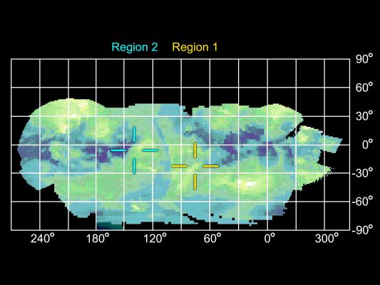 IR Map of Titan's Active (Cryovolcanic) Regions
This infrared projection map of Titan was composed from images taken by NASA's Cassini Spacecraft, Visual and Infrared Mapping Spectrometer. The location of two regions that changed in brightness are labeled. These regions are hypothesized by some to be areas of cryovolcanic activity on Titan. 

Rather than erupting molten rock, it is theorized that the cryovolcanoes of Titan would erupt volatiles such as Water, Ammonia and Methane. Scientists have suspected cryovolcanoes might be on Titan, and the Cassini mission has collected data on several previous passes of the moon that suggest their existence. Imagery of the moon has included a suspect haze hovering over flow-like surface formations, which are plausibly the result of icy volcanism. 
Some Cassini scientists indicate that such volcanism could release Methane from the interior, which explains Titan's seemingly continuous supply of fresh Methane. Without replenishment, scientists say, Titan's original Atmospheric Methane should have been exhausted long ago. 

This image is an overlay of all the high-resolution images from the first 45 flybys, up through last February 2007. The map was created using what 2,1 micron wavelength. Image scale is about 25 Km (approx. 16 miles) per pixel or 1,8 pixels per degree".
Parole chiave: Graphs, SPectra and IR + Radio Images