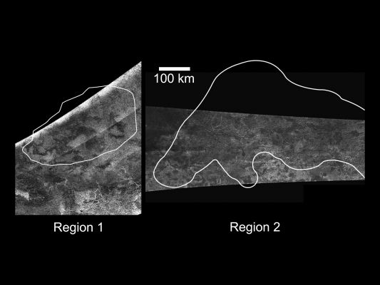 Active Cryovolcanism on Titan?
Caption NASA:"The Cassini Radar Mapper imaged Titan on Feb. 22, 2008 (as shown on the left) and April 30, 2006 (as shown on the right). 

These radar images show the outlines of Regions "1" and "2" identified by Cassini's VIMS (such as the Visual and Infrared Mapping Spectrometer) and inferred to be variable (see VIMS flat map, PIA11701), and which have been hypothesized to be due to cryovolcanic activity. The lobate, flow-like features in Region 1 are consistent with this interpretation. 

Region 1 is just north of the feature named Hotei Arcus and is centered on 28° South Lat. by 78° West Long. 
The Region is about 400 Km (approx. 249 miles) across. Region 2 is on the western part of Xanadu and is centered on 7° South Lat. by 135° West Long. This region is about 900 Km (approx. 560 miles) across. In both cases, North is up, and features as small as 300-500 meters can be resolved".
Parole chiave: Saturn's moon - Titan - From Orbit (Cryovolcanic Feature)