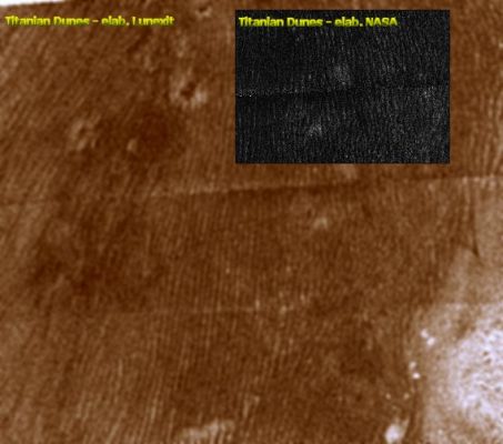 Titanian Dunes
Caption NASA:"This radar image of Titan's well-known dunes is distinctive because it may show an age relationship between different classes of features on the surface of this frigid world. 
Taken by Cassini's radar mapper on Jan. 13, 2007, during a flyby of Titan, three kinds of terrain can be seen. Throughout the image, the fine striping has been identified as dunes, possibly made from organic material and formed by wind activity. Dunes are a common landform on Titan. 
The bright material at the lower right of the image is interpreted as being topographically higher than the dunes that go around it, and several circular features seen at the top center may be craters that are slowly being buried by the dunes. Since the dunes seem to lie over the craters, the dune activity probably occurred later in time. 

This image was taken in synthetic aperture mode and has a resolution of approx. 350 mt (1150 feet). 
North is toward the top left corner of the image, which is approx. 160 x 150 Km wide".
Parole chiave: Saturn's Moons - Titan