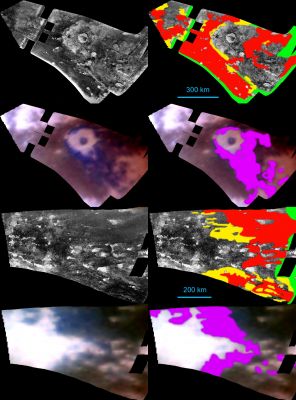 Huygens Probe Landing Site
These images of the Huygens Landing Site on Titan were obtained by Cassini’s SAR radar (1st and 3rd rows) and VIMS (2nd and 4th rows) instruments, and are correlated in this composite view. 
The 4 upper images show the Region of the Sinlap Crater in the Huygens Landing Site Region. The area shown is about 850 by 1150 Km wide. 

The 4 lower images are colour-mapped as: red, to indicated solid dunes; yellow, to indicate a partial dune coverage; and green to indicate not mappable areas.
Parole chiave: Saturn's Moons - Titan