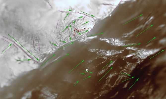 Tectonic and fluid-flow patterns on Titan (HR)
This image of Titan’s surface, obtained by Huygens’ DISR imager, shows patterns of tectonic and fluid-flow activity. 
The tectonic patterns are indicated by blue lines; the drainage divide is indicated by the red line; flow directions are indicated by the green arrows. 
The Huygens Landing Site is marked by a white cross. 

Parole chiave: Saturn's Moons - Titan