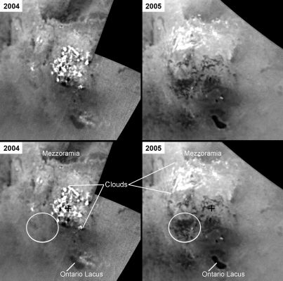 Changes in the Titanian Lakes
Caption NASA:"These mosaics of the South Pole of Saturn's moon Titan, made from images taken almost one year apart, show changes in dark areas that may be lakes filled by seasonal rains of liquid hydrocarbons. 
The images on the left (unlabeled at top and labeled at bottom) were acquired July 3, 2004. Those on the right were taken June 6, 2005. In the 2005 images, new dark areas are visible and have been circled. 
The very bright features are clouds in the lower Atmosphere (the Troposphere). Titan's clouds behave similarly to those on Earth, changing rapidly on timescales of hours and appearing in different places from day to day. During the year that elapsed between these two observations, clouds were frequently observed at Titan's 
South Pole by observers on Earth and by Cassini's imaging science subsystem (see also PIA06124). 

It is likely that rain from a large storm created the new dark areas that were observed in June 2005. Some features, such as Ontario Lacus, show differences in brightness between the two observations that are the result of differences in illumination between the two observations. These mosaics use images taken in InfraRed Light at a wavelength of 938 nanometers. 
The images have been oriented with the South Pole in the center (black cross) and the 0° Meridian toward the top. 
Image resolutions are several kilometers per pixel".
Parole chiave: Titan