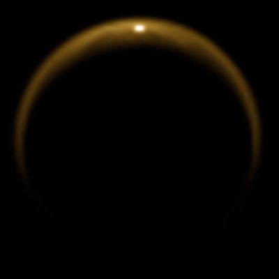 Reflection of Sunlight off a Titanian Northern Lake (Natural Colors; credits: NASA/JPL/University of Arizona/DLR)
This image shows the first flash of sunlight reflected off a lake on Saturn's moon Titan. The glint off a mirror-like surface is known as a specular reflection. This kind of glint was detected by the visual and infrared mapping spectrometer (VIMS) on NASA's Cassini spacecraft on July 8, 2009. It confirmed the presence of liquid in the moon's northern hemisphere, where lakes are more numerous and larger than those in the southern hemisphere. Scientists using VIMS had confirmed the presence of liquid in Ontario Lacus, the largest lake in the southern hemisphere, in 2008. 

The northern hemisphere was shrouded in darkness for nearly 15 years, but the sun began to illuminate the area again as it approached its spring equinox in August 2009. VIMS was able to detect the glint as the viewing geometry changed. Titan's hazy atmosphere also scatters and absorbs many wavelengths of light, including most of the visible light spectrum. But the VIMS instrument enabled scientists to look for the glint in infrared wavelengths that were able to penetrate through the moon's atmosphere. This image was created using wavelengths of light in the 5 micron range. 

By comparing the new image to radar and near-infrared light images acquired from 2006 to 2008, Cassini scientists were able to correlate the reflection to the southern shoreline of a Titan lake called Kraken Mare. The sprawling Kraken Mare covers about 400,000 square kilometers (150,000 square miles). The reflection appeared to come from a part of the lake around 71 degrees north latitude and 337 degrees west latitude. 

It was taken on Cassini's 59th flyby of Titan on July 8, 2009, at a distance of about 200,000 kilometers (120,000 miles). The image resolution was about 100 kilometers (60 miles) per pixel. Image processing was done at the German Aerospace Center in Berlin and the University of Arizona in Tucson. 


Parole chiave: Titan