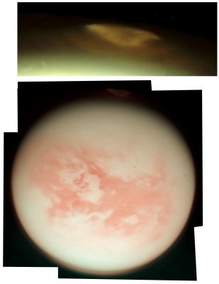 Not an Aurora! (False Colors; credits for the additional process. and color.: Elisabetta Bonora and Marco Faccin - Lunar Explorer Italia/IPF)
Dall'ingrandimento del dettaglio controverso (frame superiore) non è possibile ricavare alcuna certezza, se non che il Fenomeno (probabilmente) Atmosferico che interessa le estreme Regioni Sud-Polari di Titano è soggetto a rapidi cambiamenti nel tempo. La sua forma, poi (decisamente irregolare), ci spinge a preferire - diremmo in via definitiva - l'ipotesi transitoria e meteorologica per quanto attiene la natura del Fenomeno in questione (i.e.: nuvola, super-nuvola, nuvola semi-permanente o colonnare da post-impatto che sia).
Parole chiave: Titan