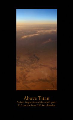 Titan's Fly-Over (by Mike Malaska)
Questa "Visione" di Titano, da circa 150 Km di altitudine, per quanto è bella e suggestiva, tanto è - purtroppo e concettualmente - sbagliata. A nostro parere.
Perchè? Da quale punto di vista?

Dal "solito": quello dell'illuminazione. 
Questa "veduta", infatti, può essere ragionevolissima per la Terra (chessò, pensiamo al Mojave Desert, oppure alla Monument Valley); può essere ragionevole per Marte (e qui diremmo che si può pensare ed immaginare la Regione Equatoriale della Vallis Marineris Canyon System), ma per Titano, ad oltre un miliardo di Km dal Sole...

Peccato. Bel Lavoro Mike, ma hai cercato di "gratificare" troppo la NASA (solo "loro", infatti, ci propongono Titano con illuminazione simil-Terrestre) e, come sempre accade in questi casi, il risultato finale è tanto bello, quanto irrealistico.

Try again!
Parole chiave: Artistic Interpretations of the Solar System