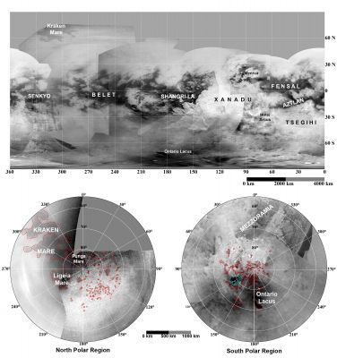 Updated Map of Titan
Caption NASA:"These updated maps of Saturn's moon Titan, consisting of data from the Cassini imaging science subsystem, include Cassini's August 2008 imaging of the moon's Northern Hemisphere. 
Evidence from Cassini's imaging science subsystem, radar, and Visual and InfraRed Mapping Spectrometer instruments strongly suggests that dark areas near the Poles are lakes of liquid hydrocarbons (an analysis affirmed by images capturing those changes in the lakes thought to be brought on by rainfall). 
Colored lines in the polar portions of these maps illustrate the boundaries between surface regions having different albedos — or differences in surface brightness — which Cassini scientists have interpreted as potential shorelines. Blue outlines indicate features that changed between observations made one year apart (see also PIA11147). 

The top map is a simple cylindrical projection. Atmospheric effects complicate incorporation of data from high Northern Latitudes, which are shown separately in a polar view. The map at bottom left is a North Polar projection showing latitudes 55° to 90°. The bottom right map is a South Polar projection showing latitudes - 55° to - 90°. 

The maps are compiled from images dating from April 2004 through August 2008, and their resolutions vary from a few meters to a few tens of kilometers per pixel. Brightness variations are due to differences in surface albedo rather than topographic shading".
Parole chiave: Titan