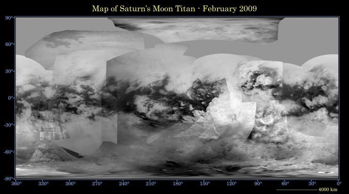 Titan's Global Digital Map (credits: NASA/JPL/Space Science Institute)
This Global Digital Map of Saturn's moon Titan was created using images taken by the Cassini Spacecraft's Imaging Science Subsystem. 
The images were taken using a filter centered at 938 nanometers, allowing researchers to examine variations in albedo (or inherent brightness) across the Surface of Titan. Because of the scattering of light by Titan's dense Atmosphere, no topographic shading is visible in these images.
The map is an equidistant projection and has a scale of 4 Km (about 2,5 miles) per pixel. Actual resolution varies greatly across the map, with the best coverage (close to the map scale) near the center and edges of the map and the worst coverage on the Leading Hemisphere (centered around 120° West Long.). 
Imaging coverage in the Northern Polar Region continues to improve as Titan approaches northern vernal equinox in August 2009 and the North Pole comes out of shadow. Large dark areas, strongly suspected to be liquid-hydrocarbon-filled lakes, have been documented at high at high latitudes (see PIA11146). 

The mean radius of Titan used for projection of this map is 2,575 kilometers (1,600 miles). Until a control network is created for Titan, the satellite is assumed to be spherical. 

Parole chiave: Maps