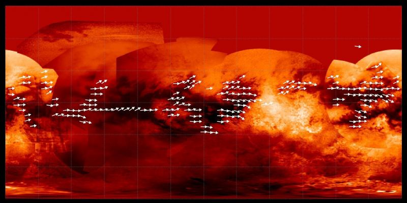 Mapping Titan's Global Wind Patterns
Scientists have used data from the Cassini Radar Mapper to map the Global Wind Pattern on Saturn's moon Titan using data collected over a four-year period, as depicted in this image. 
The arrows indicate the direction in which sand is inferred to be transported along dunes observed in Titan radar data. 
Underlying the arrows is a base map (PIA08399) from Cassini's Imaging Science Subsystem. 

Many of the equatorial dark areas without arrows might have dunes but have not yet been imaged with radar. The dune orientations represent only the net effect of winds. It could be that sand transport only occurs on rare occasions, and winds from different directions can combine to yield the observed dune orientations.
Parole chiave: Titan
