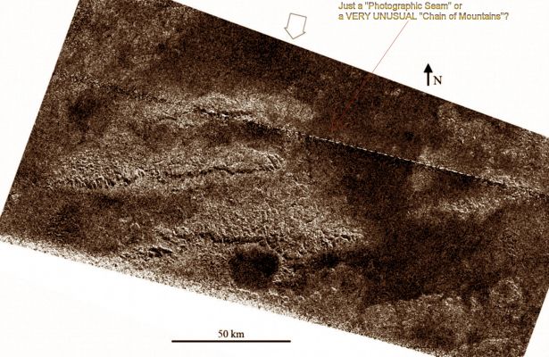 Titanian Tectonics - radio-image; credits: NASA
Ovviamente la "linea" è un ovvio image-artifact, come la NASA stessa ci riferisce e spiega NELLE ULTIME DUE RIGHE DEI COMMENTI UFFICIALI, ma noi abbiamo lasciato la sovraimpressione "evocativa di Mistero" sul frame al SOLO scopo di farVi capire - caso mai ce ne fosse stato ancora bisogno - QUANTO SIA FACILE CREARE BUFALE! 
Soprattutto allorchè NON si presta la dovuta attenzione alle note "ufficiali" di commento ed allorchè non si è molto familiari con la Fotografia Spaziale in generale e con le Radio-Immagini in particolare.

Caption NASA:"A set of three parallel ridges was seen by the Cassini Spacecraft's Radar Instrument during the latest Titan flyby on May 12, 2008. This combination is unlikely to be a coincidence -- the best explanation for these features is that they are tilted or separated blocks of broken or faulted crust, now exposed as high ridges. Their regular spacing is typical of regions that have been compressed or extended over large areas; as an example, the western United States Basin and Range Province was formed by extension. Such interactions are called "Tectonics", although they do not happen in the same way as plate tectonics, which is a process unique to Earth. 
The ridges, which appear on the left side of the image, are rugged features and are elevated above surrounding terrain. The brightness patterns mean that the materials are fractured or blocky at the radar wavelength (2,17 cm, or about 1" - one inch). Along the south sides of the ridges are prominent cliffs, or scarps, present as thin, radar-dark lines trending West-to-East, and interpreted as faults. 
These features are dark due to shadowing from the radar illumination, and have heights up to a few hundred meters (several hundred feet), based on preliminary estimates of slopes. 

The area shown here is located in the mountainous region called Xanadu. 
The ridges are similar in many ways to mountain chains seen at similar latitude but about 90° to the West, just West of Shangri-La (observed during a flyby in October 2005, and showin a Sea of Sand-like Dunes). 
Both Regions have mountain chains or ridges that are oriented West-to-East and are spaced about 50 Km (or about 30 miles) apart. This indicates tectonic forces have acted in a North to South direction at Titan's Equatorial Region and have resulted in regular effects in Titan's crust, evidence that will help scientists better understand Titan's crust and interior. 

Other linear features, probably related to the formation of the ridges, and circular features, perhaps eroded impact craters now filled with radar-dark (smooth) material, are also seen in the image. The largest circular feature, at bottom center, is about 20 Km in diameter. 

The image is centered at 2° South Lat. and 127° West Long. and was obtained on May 12, 2008, with a resolution of about 300 meters (980 feet). The open arrow indicates the direction of radar illumination. 

The dashed white line in the upper portion is an artifact of the SAR processing and will be removed in later versions".
Parole chiave: Saturn's Moons - Titan