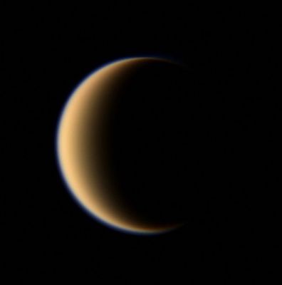 Titan, from 213.000 Km (2 - natural colors; credits: NASA)
Caption NASA:"Images taken using red, green and blue spectral filters were combined to create this natural color view. The images were taken with the Cassini spacecraft wide-angle camera on Jan. 5, 2008". 
Parole chiave: Saturn's Moons - Titan