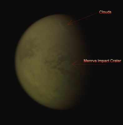 Titanian Clouds and Surface Features (Absolute Natural Colors; credits for the additional process. and color.: Dr Paolo C. Fienga/Lunar Explorer Italia/Italian Planetary Foundation)
A bright streak of whitish Clouds graces the Northern Skies of the Saturnian moon Titan and this was the second time that the NASA - Cassini Spacecraft's imaging cameras spotted clouds at apporx. 60° of North Latitude (the previous occasion occurred during the observations that were carried out in the month of February of the AD 2007: observations which also led the cameras of the Spacecraft to spot the Dark Lakes - likely filled by Liquid Hydrocarbons - that cover much of the Northern Regions of this fascinating moon). The almost circular, and approx. 400-Kilometer wide Impact Crater Menrva can be seen near center, a little to the left of the Terminator. North on Titan (which, we remind you, is approx. 5150 Km - such about 3200 miles across) is up and rotated 26° to the right. 

The image was taken with the NASA - Cassini Spacecraft Narrow-Angle Camera on January 20, 2008, using a combination of Spectral Filters sensitive to Wavelengths of Polarized InfraRed Light centered at 938 and 746 nanometers. The view was acquired at a distance of approximately 1,3 MKM (---> Million KiloMeters), such as about 800.000 miles from Titan and at a Sun-Titan-Spacecraft, or Phase, Angle of 58°. Image scale is roughly 8 Km (a little more than 5 miles) per pixel. However, it has to be noted that, due to the scattering of light that is caused by the Titanian Hazy Atmosphere, the size of the Surface Features that can be seen and resolved, is a few times larger than the actual (and aforementioned) pixel scale.

This frame (which is an Original NASA - Cassini Spacecraft image published on the NASA - Planetary Photojournal with the ID n. PIA 09846) has been additionally processed and then colorized in Absolute Natural Colors (such as the colors that a human eye would actually perceive if someone were onboard the NASA - Cassini Spacecraft and then looked outside, towards the Saturnian moon Titan), by using an original technique created - and, in time, dramatically improved - by the Lunar Explorer Italia Team. Different colors, as well as different shades of the same color, mean, among others, the existence of different Elements present in the Atmosphere and Surface - where visible - of Titan, each having a different Albedo (---> Reflectivity) and Chemical Composition.

Parole chiave: Titan