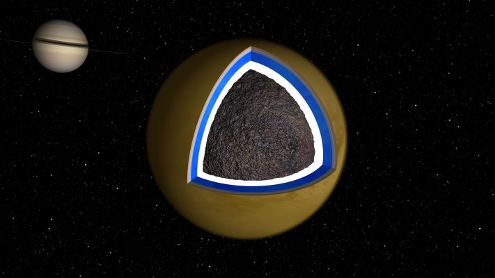 Under the Fog...
Caption NASA:"This graphic depicts a cross-section of the Saturnian moon Titan. Cassini scientists speculate there may be a layer of liquid water mixed with ammonia about 100 Km (approx. 62 miles) below the surface of Titan. 
The assumption that Titan contains an internal ocean was generated from data gleaned from Cassini's Synthetic Aperture Radar during 19 separate passes over Titan between October 2005 and May 2007. Using data from the radar’s early observations, the scientists and radar engineers established the locations of 50 unique landmarks on Titan's surface. They then searched for these same lakes, canyons and mountains in the reams of data returned by Cassini in its later flybys of Titan. What they found was prominent surface features seemed to shift from their expected positions by up to 31 Km (about 19 miles). Since the features could not have really moved, the apparent shift told the scientists and engineers that Titan was spinning about its axis in a previously unsuspected manner. The pre-Cassini model of Titan's spin accounted for the gravitational fields of Saturn and other nearby planets and moons but omitted other smaller less well understood effects. Since the observed spin of Titan does not fit this model, other influences, such as the seasonal changes in the motion of its atmosphere must also be important. It is difficult to explain how such relatively low energy phenomena could have such a pronounced influence on Titan's spin unless the moon's icy crust was decoupled from its core by an internal ocean. If the crust were decoupled from the core, atmospheric fluctuation alone could account the observed spin".
Parole chiave: Artistic Interpretations of the Solar System