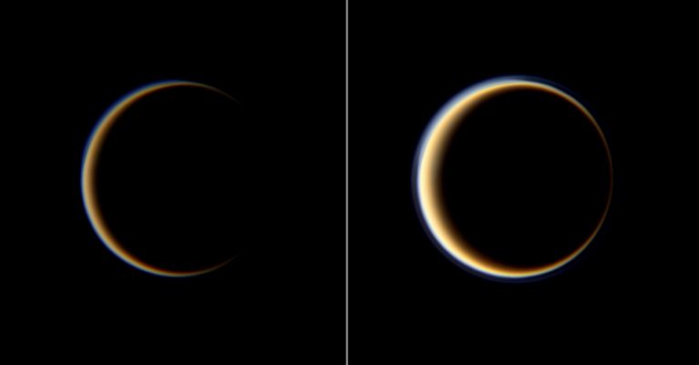 From the Dark Side... (Natural - but enhanced - Colors; credits: NASA/JPL/Space Science Institute)
Caption NASA:"From the Dark Side of Titan, the Cassini Spacecraft profiles the moon's Atmosphere as sunlight filters through its upper Hazes. 
An airless satellite would appear in this viewing geometry only as a lit crescent. But Titan's thick Atmosphere scatters light around all edges of the Planet to create a ring of light. 
Images taken using red, green and blue spectral filters were combined to create this full color view of Titan at high phase. The color in the image on the right has been computer enhanced to bring out the outer haze layer, and the contrast in both images has been enhanced. 

This view looks toward the Saturn-facing Side of Titan. North on Titan is up and rotated 45° to the left. The images were acquired at a distance of approx. 1,8 MKM (1,1 MMs) from Titan and at a Sun-Titan-Spacecraft, or Phase, Angle of 157°. 
Image scale is roughly 11 Km (about 7 miles) per pixel".
Parole chiave: Titan