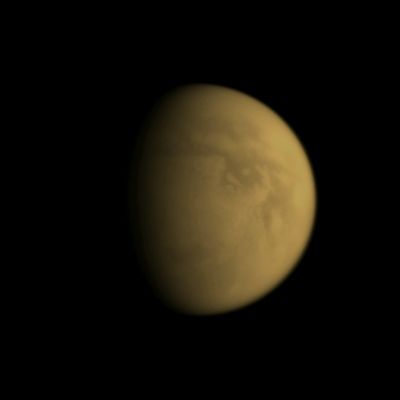 Titan (Natural Colors; credits: Lunar Explorer Italia)
Caption NASA:"Caption NASA:"This Cassini Spacecraft image affords a view of Titan's South Polar Region: an area home to one of Titan's hydrocarbon "Lake Districts".

Titan's South Pole is illuminated to the right of the Terminator, near the bottom of the visible disk. The dark area near the bottom, in Titan's Mid-Southern Latitudes, is Mezzoramia. 
The wider, darker region near the Equator is named Senkyo. A "Lake District" (see also PIA11147) containing what scientists believe are lakes of hydrocarbons has been found surrounding Titan's South Pole. 
Lit Terrain seen here is on the Saturn-facing Side of Titan. North on Titan is up and rotated 27° to the right.

The image was taken with the Cassini Spacecraft narrow-angle camera on Feb. 15, 2009 using a spectral filter sensitive to wavelengths of Near-InfraRed Light centered at 938 nanometers. The view was acquired at a distance of approx. 1,2 MKM (such as about 746.000 miles) from Titan and at a Sun-Titan-Spacecraft, or Phase, Angle of 55°. 

Image scale is roughly 7 Km (about 4 miles) per pixel".
Parole chiave: Titan