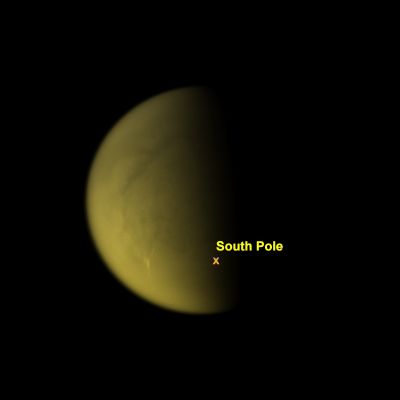 South Polar "Tropospheric Cloud Streaks" (Natural Colors; credits: Lunar Explorer Italia)
Caption NASA:"The Tropospheric Clouds seen in the lower left of the image are located at 45 to 55° South Latitude on Titan, and the streaks of the clouds are oriented East-West. 
This view looks toward the South Pole of Titan. The South Pole lies near the Terminator about a quarter of the way inward from the Planet's limb at the bottom of this image. Lit terrain seen here is on the Leading Hemisphere of Titan. 

This image was taken with the Cassini spacecraft narrow-angle camera on March 24, 2009 using a spectral filter sensitive to wavelengths of near-InfraRed Light centered at 938 nanometers. The view was obtained at a distance of approx. 1.1 MKM (about 684.000 miles) from Titan and at a Sun-Titan-Spacecraft, or Phase, Angle of 78°. Image scale is 7 Km (a little more than 4 miles) per pixel".
Parole chiave: Titan