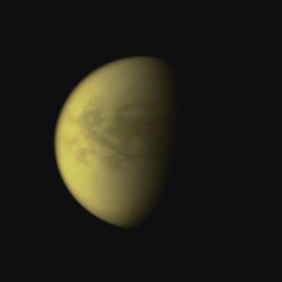 Senkyo (Natural Colors; credits: Lunar Explorer Italia)
Caption NASA:"The Cassini Spacecraft examines the dark region of Senkyo on Saturn's largest moon, Titan. Senkyo is in the center of the image, and it lies just south of the moon's equator. For an earlier view of this Region, see PIA08231. 
Lit terrain seen here is on the Saturn-facing side of Titan. North on Titan is up and rotated 6° to the left. 

The image was taken with the Cassini Spacecraft narrow-angle camera on March 21, 2009 using a spectral filter sensitive to wavelengths of near-InfraRed Light centered at 938 nanometers. 
The view was obtained at a distance of approx. 994.000 Km (about 618.000 miles) from Titan and at a Sun-Titan-Spacecraft, or Phase, Angle of 63°. 
Image scale is roughly 6 Km (a little less than 4 miles) per pixel".
Parole chiave: Titan