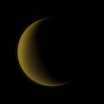Titan's "Atmospheric Halo" (Natural Colors; credits: Lunar Explorer Italia)
Caption NASA:"The Cassini Spacecraft looks down on Titan's North Pole and unveils the moon's upper-most Atmospheric Hazes, creating the appearance of a halo around Saturn's largest moon.

Terrain seen here is on the Trailing Hemisphere of Titan, which is facing Saturn. This view is centered on 54° North Latitude and 251° West Longitude. 
Titan's north pole lies on the Terminator, about one-third of the way inward from the top of the image. 

The image was taken in Violet Light with the Cassini Spacecraft wide-angle camera on May 21, 2009. The view was obtained at a distance of approx. 147.000 Km (such as about 91.000 miles from Titan and at a Sun-Titan-Spacecraft, or Phase, Angle of 121°. 
Image scale is roughly 9 Km (a little les than 6 miles) per pixel".
Parole chiave: Titan