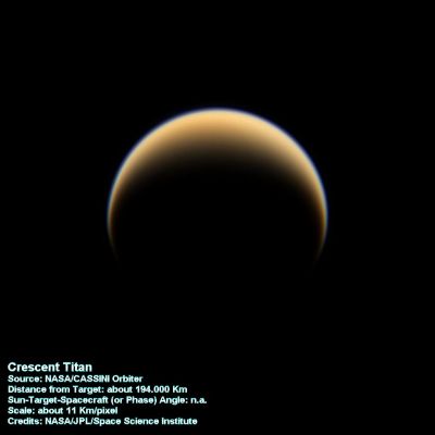 Crescent Titan (Natural Colors; credits: NASA/JPL/SSI)
Caption NASA:"The Cassini Spacecraft looks down on the North Pole of Titan, showing night and day in the Northern Hemisphere of Saturn's largest moon. 
This view is centered on terrain at about 49° North Latitude, 243° West Longitude. The North Pole of Titan is rotated about 23° to the left and it lies on the Terminator above and to the left of the center of the image. 

Images taken using red, green and blue spectral filters were combined to create this Natural Color view of Titan. The images were obtained with the Cassini Spacecraft wide-angle camera on June 6, 2009 at a distance of approx. 194.000 Km (such as about 121.000 miles) from Titan. 
Image scale is roughly 11 Km (a little less than 7 miles) per pixel".
Parole chiave: Titan