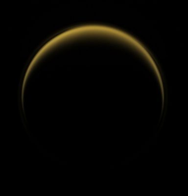 Titan's Atmosphere... (Natural Colors; credits: Lunar Explorer Italia)
Caption NASA:"The Cassini Spacecraft looks at Saturn's largest moon, Titan, revealing its halo-like ring formed in the upper hazes of the moon's extensive Atmosphere. 

This view looks toward the darkened Leading Hemisphere of Titan, but lit terrain seen here is on on the Trailing Hemisphere and anti-Saturn side of the moon. 
The moon's North Pole lies on the Terminator between the illuminated and unilluminated parts of the moon. The Pole is rotated 11° to the right in this image. 

The image was taken with the Cassini Spacecraft narrow-angle camera on July 5, 2009 using a spectral filter sensitive to wavelengths of UltraViolet light centered at 338 nanometers. The view was acquired at a distance of approx. 1,3 MKM (about 808.000 miles) from Titan and at a Sun-Titan-Spacecraft, or Phase, Angle of 148°. 
Image scale is roughly 8 Km (about 5 miles) per pixel".
Parole chiave: Titan