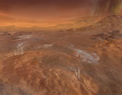 Rainy Day at Hotei Arcus
A short but fierce "gullywasher" rainstorm of Methane falls on the mountains surrounding the intriguing flows of Titan's Hotei Arcus in this artist's concept, based upon radar mapping data from the Cassini Spacecraft in orbit around Saturn. 

Radar data show that the arc of Hotei is the boundary between rugged mountains to the South and East and a broad valley. Emerging from the mountains are several radar-bright channels that are likely now dry riverbeds that were carved by flowing Methane due to rainfall. Within the valley, the channels end near lobate (blobby) flows some 100 to 200 meters (300 to 600 feet) thick, which some scientists think could be slushy ice lava from cryovolcanoes. 
These flows are portrayed here as the rough and elevated lighter tan areas in the foreground. It is possible that such phenomena could release Methane from beneath the surface, helping to explain how Titan's Atmosphere sustains its supply of Methane. 

The area depicted is located at approximately 28° South Latitude and 78° West Longitude.
Parole chiave: Artistic Interpretations of the Solar System