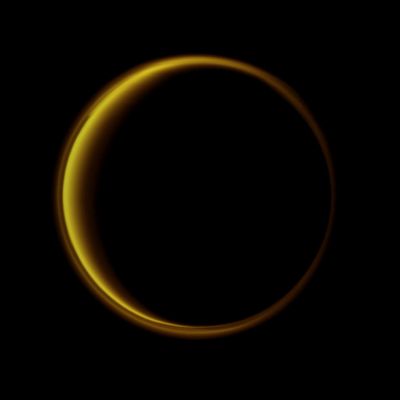 Titanian "Aura" (Natural - but enhanced - Colors; credits for the additional process. and color.: Dr Paolo C. Fienga - Lunexit Team)
Caption NASA:"Sunlight scattering through the periphery of Titan's Atmosphere reaches Cassini as the Spacecraft's camera is pointed at the dark side of the Planet. A detached, high-altitude global haze layer encircles the Planet. This view looks toward the Leading Hemisphere of Titan. North on Titan is up.

The image was taken with the Cassini Spacecraft narrow-angle camera on April 2, 2010 using a spectral filter sensitive to wavelengths of UltraViolet Light centered at 338 nanometers. The view was acquired at a distance of approx. 1,5 MKM (about 932.000 miles) from Titan and at a Sun-Titan-Spacecraft, or Phase, Angle of 153°. 
Image scale is roughly 9 Km (about 5,7 miles) per pixel".
Parole chiave: Titan