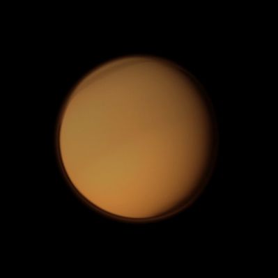 The strange Atmosphere of Titan (possible True Colors; credits for the additional process. and color.: Dr Paolo C. Fienga - Lunexit Team)
Caption NASA:"The Cassini Spacecraft examines the characteristics of Titan's Atmosphere as it peers at Saturn's largest moon using a filter sensitive to Visible Violet Light.
This image shows Atmospheric Banding around Titan's North Pole and reveals hints of the moon's seasonal Hemispheric Dichotomy near the Equator. (to learn more about the Northern Bands, please refer to images PIA08868 and PIA08928).
This view looks toward the anti-Saturn side of Titan. North on Titan is up and rotated 23° to the left.

The image was taken in Visible Violet Light with the Cassini Spacecraft wide-angle camera on June 21, 2010. The view was obtained at a distance of approx. 170.000 Km (about 106.000 miles) from Titan and at a Sun-Titan-Spacecraft, or Phase, Angle of 33°. 
Image scale is roughly 10 Km (about 6,2 miles) per pixel".
Parole chiave: Titan