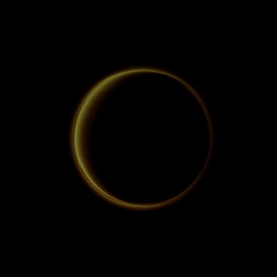 Ethereal Ring (Natural Colors; credits for the additional process. and color.: Dr Paolo C. Fienga - Lunexit Team)
Caption NASA:"The Cassini Spacecraft looks toward the Dark Side of Saturn's largest moon and captures the halo-like ring produced by Sunlight scattering through the periphery of Titan's Atmosphere. A detached, high-altitude Global Haze Layer encircles Titan. This view looks toward the Trailing Hemisphere of Titan (approx. 5150 Km, or 3198,15 miles across). North on Titan is up. 

The image was taken with the Cassini Spacecraft narrow-angle camera on Nov. 26, 2010 using a spectral filter sensitive to wavelengths of UltraViolet Light centered at 338 nanometers. The view was obtained at a distance of approx. 1,9 MKM (such as about 1,179 MMs) from Titan and at a Sun-Titan-Spacecraft, or Phase, Angle of 154°. 
Image scale is roughly 12 Km (7,452 miles) per pixel".
Parole chiave: Titan