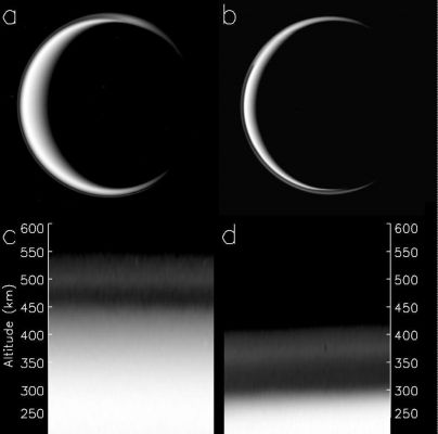 Titan's Haze is going down...
Caption NASA:"The change in Titan's Haze Layer is illustrated in this figure, derived from data obtained by NASA's Cassini Spacecraft. The picture of Titan in panel "a" was taken on May, 3, 2006, while the picture in panel "b" was taken on April, 2, 2010, several months after Titan's Equinox in August of 2009. 
The geometries and Solar Illumination in both images are similar, though Titan's North Pole is at about the one o'clock position (32°) from vertical in panel "a" and nearly vertical in panel "b". 
Pictures "c" and "d" magnify the outer regions and show the difference in altitude of the Haze Layer (near 500 Km in "c" and near 380 Km in "d")".
Parole chiave: Titan