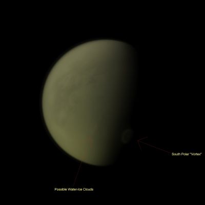 Seasonal or Permanent? (Absolute Natural Colors; credits for the additional process. and color.: Dr Gianluigi Barca/Lunar Explorer Italia/Italian Planetary Foundation)
Even though it is still nighttime at the South Pole, the Vortex, which swirls high in the Sky of Titan, is already illuminated by the Sunlight and stands out (relatively) brightly against the other - and possible Water-Ice - Clouds that can be seen to the left of the Terminator (still near the South Polar Regions of Titan, but on the daytime side of this complex and fascinating Saturnian moon). The NASA - Cassini Spacecraft, as you have noticed, keeps monitoring very carefully the development of this South Polar Vortex (a true Titanian Oddity anyway), so to help Scientists and Researchers from all over the World to better understand the (perhaps just) seasonal changes that occur in the Atmosphere of Titan. 
This outstanding view looks toward the Trailing Hemisphere of Titan; North is up and rotated 9° to the left. The image was taken with the NASA - Cassini Spacecraft Narrow-Angle Camera on Aug. 31, 2012, using a Spectral Filter sensitive to Wavelengths of Near-InfraRed Light, centered at 938 nanometers. The view was acquired at a distance of approximately 750.000 miles (such as about 1,2 Million KiloMeters - MKM) from Titan and at a Sun-Titan-Spacecraft, or Phase, Angle of 74°. Image scale is about 4 miles (such as approx. 6,4 Km) per pixel.
This picture (which is an Original NASA - Cassini Spacecraft b/w frame published on the NASA - Planetary Photojournal with the ID n. PIA 14634) has been additionally processed and then colorized, according to an informed speculation carried out by Dr Paolo C. Fienga (LXTT-IPF), in Absolute Natural Colors (such as the colors that a human eye would actually perceive if someone were onboard the NASA - Cassini Spacecraft and then looked outside, towards the Saturnian moon Titan), by using an original technique created - and, in time, dramatically improved - by the Lunar Explorer Italia Team. Different colors, as well as different shades of the same color, mean, among others, the existence of different Elements present in the Atmosphere of Titan, each having a different Albedo (---> Reflectivity) and Chemical Composition.
Parole chiave: Titan