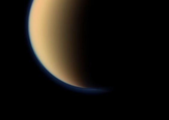 The South Polar Atmosphere of Titan (CTX Frame - Natural Colors; credits: NASA/JPL-Caltech/Space Science Institute)
Caption NASA:"These views from NASA's Cassini Spacecraft look toward the South Polar Regions of Saturn's largest moon, Titan, and show a "Depression" within the moon's Orange and Blue Haze Layers visible near the South Pole. The EDM (close-up) view of these features was captured with the narrow-angle camera. 
Titan's High Altitude Haze Layer appears Blue here whereas the Main Atmospheric Haze is orange. The difference in color could be due to particle size of the Haze. The Blue Haze likely consists of smaller particles than the ones forming the Orange Haze. The "Depressed" or "Attenuated" Layer appears in the Transition Area between the Orange and Blue Hazes. 

Images taken using red, green and blue spectral filters were combined to create this Natural Color view. The images were obtained on Sept. 11, 2011 at a distance of approximately 83.000 miles (about 134.000 Km) from Titan. Image scale is 2581 feet (787 meters) per pixel".
Parole chiave: Titan