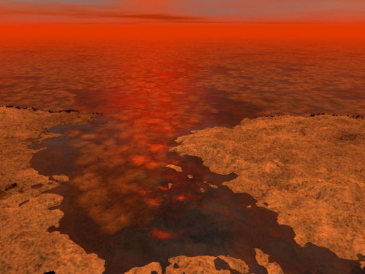 On the Surface of Titan...
Caption NASA:"This artist's concept envisions what Hydrocarbon Ice forming on a liquid Hydrocarbon Sea of Saturn's moon Titan might look like. A new model from scientists on NASA's Cassini mission suggests that clumps of Methane-and-Ethane-rich ice -- shown here as the lighter-colored clusters -- could float under some conditions".
Parole chiave: Artistic Visions of the Solar System