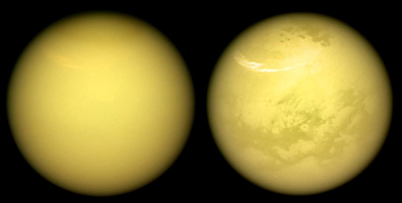 Double Titan
Caption NASA:"These two views of Saturn's moon Titan exemplify how NASA's Cassini Spacecraft has revealed the Surface of this fascinating world.

Cassini carried several instruments to pierce the veil of hydrocarbon haze that enshrouds Titan. These include the Spacecraft's Radar and the Visual and InfraRed Mapping Spectrometer, or VIMS. The mission's imaging cameras also have several spectral filters sensitive to specific wavelengths of InfraRed Light that are able to make it through the Haze to the Surface and back into space. These "spectral windows" have enable the imaging cameras to map nearly the entire surface of Titan.

In addition to Titan's Surface, images from both the imaging cameras and VIMS have provided windows into the moon's ever-changing Atmosphere, chronicling the appearance and movement of Hazes and Clouds over the years. A large, bright and feathery band of Summer Clouds can be seen arcing across high Northern Latitudes in the view at right (Dx).

These views were obtained with the Cassini Spacecraft Narrow-Angle Camera on March 21, 2017. Images taken using red, green and blue spectral filters were combined to create the Natural-Color View on the left (Sx). 
The false-color view at right (Dx) was made by substituting an InfraRed image (centered at 938 nanometers) for the red color channel.

The views were acquired at a distance of approx. 613.000 miles (such as a little more than 986.000 Km) from Titan and the Image Scale is roughly 4 miles (such as approx. 6,437 Km) per pixel".
Parole chiave: Titan