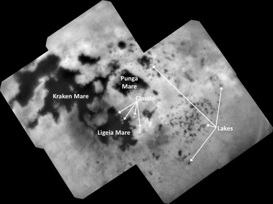 The Great Seas and Lakes of Titan
Caption NASA:"During NASA's Cassini mission's final distant encounter with Saturn's giant moon Titan, the Spacecraft captured this view of the truly enigmatic moon's North Polar landscape of Lakes and Seas, which are filled with liquid Methane and Ethane.

Punga Mare (about 240 miles, or approx. 386,2 Km, across) is seen just above the center of the mosaic, with Ligeia Mare (roughly 300 miles, or about 48,3 Km, wide) below center and vast Kraken Mare stretching off 730 miles (such as approx. 1.174,8 Km) to the left of the mosaic. Titan's numerous smaller and still Unnamed Lakes can be seen around the seas and scattered around the right side of the mosaic. Among the ongoing mysteries about Titan is how these Seas and Lakes are formed.

Another mystery at Titan has been the weather. With its extremely dense Atmosphere, Titan has a Methane Cycle much like Earth's Water Cycle of evaporation, cloud formation, rainfall, surface runoff into Rivers, and collection in Lakes and Seas. 
During Titan's Southern Summer, the Cassini Spacecraft also observed Cloud activity over the South Pole.

However, typical of observations taken during Northern Spring and Summer, the view here reveals only a few small clouds. They appear as bright features just below the center of the mosaic, including a few above Ligeia Mare.

The images in this mosaic were taken with the ISS Narrow-Angle Camera, using a spectral filter sensitive to wavelengths of Near-InfraRed Light centered at 938 nanometers.

They were captured on Sept. 11, 2017, during Cassini's last encounter with Titan. Four days later, Cassini was deliberately plunged into the Atmosphere of Saturn.

The view was obtained at a distance of approximately 87.000 miles (a little less than 140,013 Km) from Titan. Image scale is about 0,5 miles (approx. 800 meters) per pixel. 
The image is an Orthographic Projection centered on 67,19° North Latitude and 212,67° West Longitude. 

Note: an Orthographic View is most like the view seen by a distant observer looking through a telescope".
Parole chiave: Titan