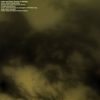 Light and dark Surface Features of Senkyo (possible Natural Colors; credits: Lunexit)
Caption NASA:"The Cassini Spacecraft peers through the hazy Atmosphere of Titan for a close view of light and dark Terrain on Saturn's largest moon. 
This view is centered on Terrain at 28° South Lat. and 334° West Long. and shows a small part of the albedo feature named Senkyo on the Trailing Hemisphere of Titan. 

The image was taken with the Cassini Spacecraft narrow-angle camera on July 9, 2009 using a spectral filter sensitive to wavelengths of Near-InfraRed Light centered at 938 nanometers. The view was obtained at a distance of approx. 251.000 Km (such as about 156.000 miles) from Titan and at a Sun-Titan-Spacecraft, or Phase, Angle of 27°. 
Image scale is about 1 Km (3281 feet) per pixel".
Parole chiave: Titan
