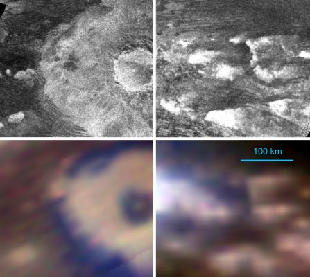 Sinlap Region and Guabonito Crater
In this composite image, Titan’s surface areas are correlated. 
The top pair is composed by Cassini’s radar images, while the bottom pair shows Cassini’s VIMS images. Each of the four panels corresponds to an area about 200 Km wide. 
The left views show the Sinlap Crater; the brown features in the bottom panel correspond to the large dune fields visible in the top panel. 

The right views show the Guabonito Region situated at about 150 Km East of the Huygens Landing Site. 
Parole chiave: Saturn's Moons - Titan
