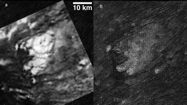 Tortula Facula (alias "Nondescript Obstacle")
Caption NASA:"These side-by-side images obtained by NASA's Cassini Spacecraft show the feature named Tortola Facula on Titan. The left image was obtained by the Visual and InfraRed Mapping Spectrometer data on Oct. 26, 2004, at a resolution of about 2 Km (1,242 mile) per pixel. This mosaic focuses on an area around 9° North Latitude and 145° West Longitude. 

In 2005, scientists interpreted Tortola Facula as an ice volcano.

The right image shows the same feature, as seen by Cassini's Radar Instrument on May 12, 2008, at a much higher resolution of approx. 300 meters per pixel. Scientists now think that this feature is a "Nondescript Obstacle" surrounded by obvious wind-blown Sand Dunes, similar to those commonly found in this Region of Titan. 

In radar images, objects appear bright when they are tilted toward the Spacecraft or have rough surfaces". 
Parole chiave: Titan