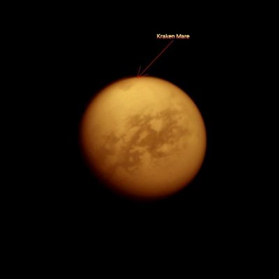Kraken Mare (Enhanced Absolute Natural Colors; credits for the additional process. and color.: Dr Paolo C. Fienga - Lunexit Team)
Caption NASA:"The Cassini Spacecraft looks toward Saturn's largest moon, Titan, and spies the huge, Northern Kraken Mare. Kraken Mare, a large sea of liquid hydrocarbons and is visible as a dark area near the top of the image. This view looks toward the Saturn-facing Side of Titan. North on Titan is up and rotated 29° to the left. 

The image was taken with the Cassini Spacecraft narrow-angle camera on Sept. 14, 2011 using a spectral filter sensitive to wavelengths of Near-InfraRed Light centered at 938 nanometers. The view was acquired at a distance of approx. 1,2 MMs (such as about 1,9 MKM) from Titan and at a Sun-Titan-Spacecraft, or Phase, Angle of 26°. 
Image scale is roughly 7 miles (approx. 12 Km) per pixel".
Parole chiave: Titan