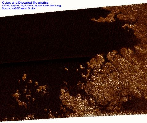 Just like California...
On May 12, 2007, Cassini completed its 31st Fly-By of Saturn's moon Titan, which the team calls T30. The radar instrument obtained this image showing the coastline and numerous island groups of a portion of a large sea, consistent with the larger sea seen by the Cassini imaging instrument. 
Like other bodies of liquid seen on Titan, this feature reveals channels, islands, bays, and other features typical of terrestrial coastlines and the liquid, most likely a combination of methane and ethane, appears very dark to the radar instrument. What is striking about this portion of the sea compared to other liquid bodies on Titan is the relative absence of brighter regions within it, suggesting that the depth of the liquid here exceeds tens of meters. 
Of particular note is the presence of isolated islands, which follow the same direction as the peninsula to their lower right, suggesting that they may be part of a mountain ridgeline that has been flooded. This is analogous to, for example, Catalina Island off the coast of Southern California. 

Parole chiave: Saturn's Moons - Titan