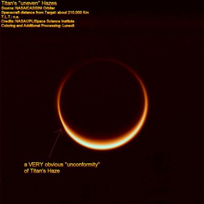 The "uneven" Haze of Titan (possible Natural Colors - elab. Lunexit)
Noi osserviamo le immagini e quindi ci poniamo domande. Eccone una, per noi e per Voi: può essere che sia la cosiddetta "super-rotazione" delle nuvole di Titano la (sola o, se non altro, la maggior) causa delle - evidenti - irregolarità che caratterizzano gli strati più alti della sua atmosfera? Avete opinioni al riguardo? 

Scriveteci e/o commentate!
Parole chiave: Saturn's Moons - Titan