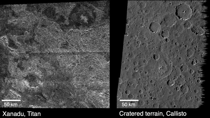 Titan and Callistus (a Mosaic by NASA/JPL)
Caption NASA:"These images compare Surface Features observed by NASA's Cassini Spacecraft at the Xanadu Region on Saturn's moon Titan (left), and Features observed by NASA's Galileo Spacecraft on Jupiter's cratered moon Callistus (right). 

The Cassini Radar Image, obtained during a Titan Fly-By occurred on April, 30th, 2006, is centered at about 10° South Latitude and 85° West Longitude. 

The Galileo Camera Image, obtained on June 25, 1997, is centered at about 6° South Latitude and 7° West Longitude. 

Titan may originally have had a cratered landscape similar to Callisto that has since been eroded by Rainfall and Runoffs. There are many large Circular Features in Titan's Xanadu Region that have some of the characteristics of impact craters - such as Central Peaks and inward-facing Circular Cliffs - which make scientists think they are, in fact, eroded Impact Craters. The Surface of Callisto also has a substantially eroded cratered landscape". 
Parole chiave: Titan