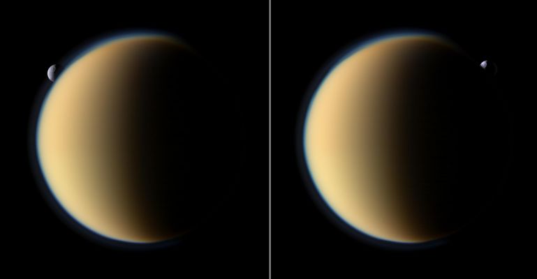 Mutual Event Sequence (Natural Colors; credits: NASA/JPL/Space Science Institute)
Caption NASA:"Saturn's moon Tethys with its prominent Odysseus Crater silently slips behind Saturn's largest moon Titan and then emerges on the other side. 
Tethys is not actually enshrouded in Titan's Atmosphere. Tethys is more than twice as far from Cassini than Titan in this sequence: Tethys is about 2,2 MKM (such as approx. 1,4 MMs) from Cassini, while Titan is about only 1 MKM (approx. 621.000 miles) away. 

These two color views were captured about 18 minutes apart, with the view on the right side taking place first. 
These images are part of a so-called "Mutual Event Sequence" in which one moon passes close to or in front of another (from CASSINI point of view). Such observations help scientists refine their understanding of the orbits of Saturn's moons. 

Images taken using red, green and blue spectral filters were combined to create this Natural Color view. The images were obtained with the Cassini Spacecraft narrow-angle camera on Nov. 26, 2009. 
The images were obtained with the Cassini Spacecraft narrow-angle camera on Nov. 26, 2009. 
Image scale is roughly 6 Km (a little less than 4 miles) per pixel on Titan and apprx. 13 Km (a little more than 8 miles) per pixel on Tethys". 

Parole chiave: Saturn's Moon - Tethys and Titan